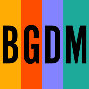 Colorblocked BGDM logo with yellow, orange, purple and teal behind the letters BGDM