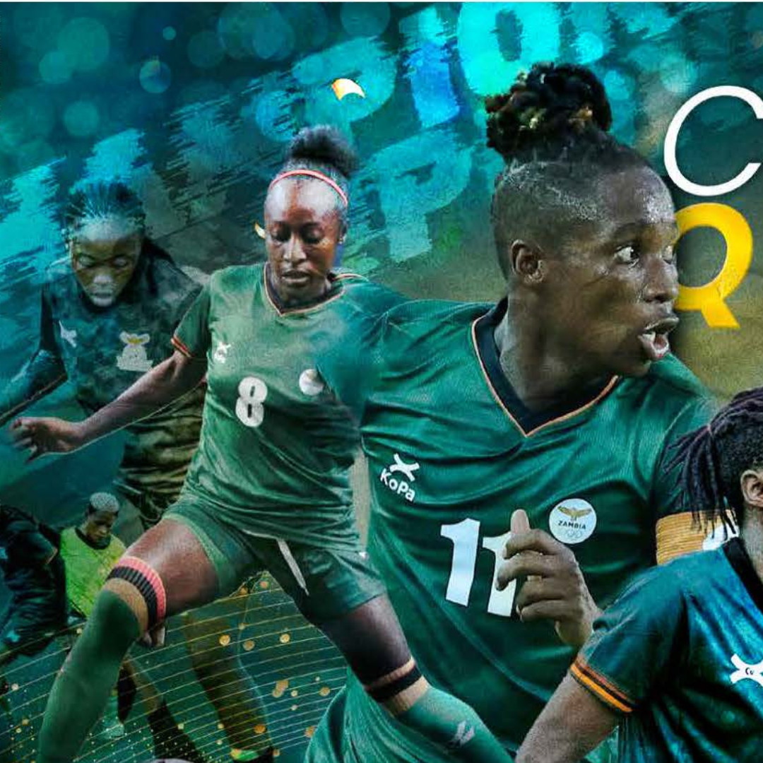 In a collage with a blue background, the women of the Zambian football team play football.