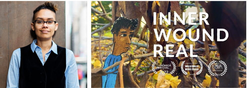 A Black masc person with short curly hair. A film still of an animated charcter in the forest, with text over that reads, "Inner Wound Real".