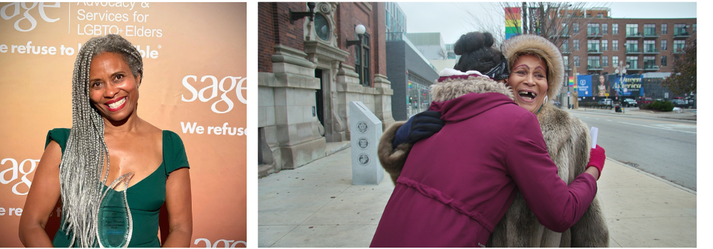 A Black woman with long white braids holds an award. A Black trans woman hugs a younger trans person, smiling.