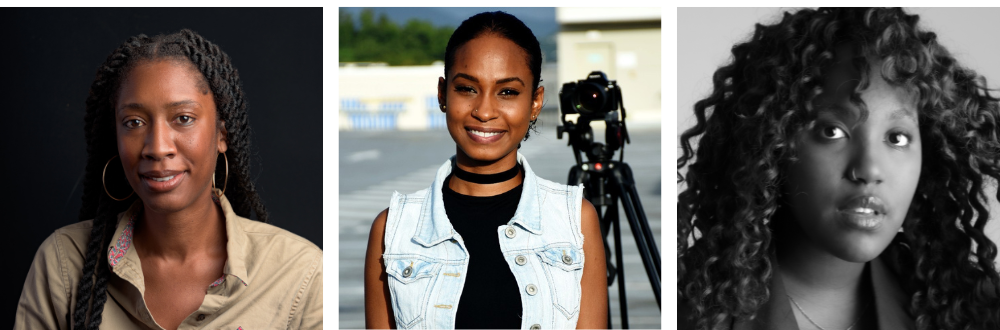 A Black woman with long dark braids and a tan top. A Martiniquan woman with hair pulled back in a jean vest. A Black woman with 