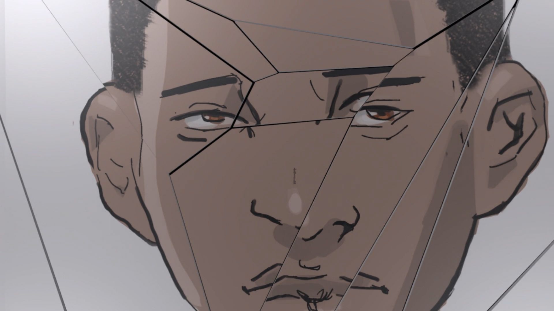 An animated drawing of a young Black boy with  a shaved head, shattered by like a broken mirror.